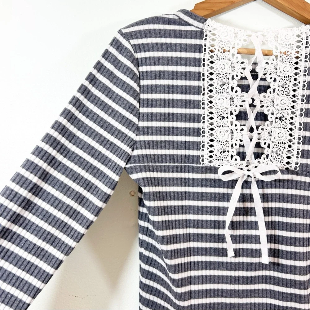 American Rag Cie Lace Up Tie Ribbed Blue White Stripe Long Sleeve Stretch Top L